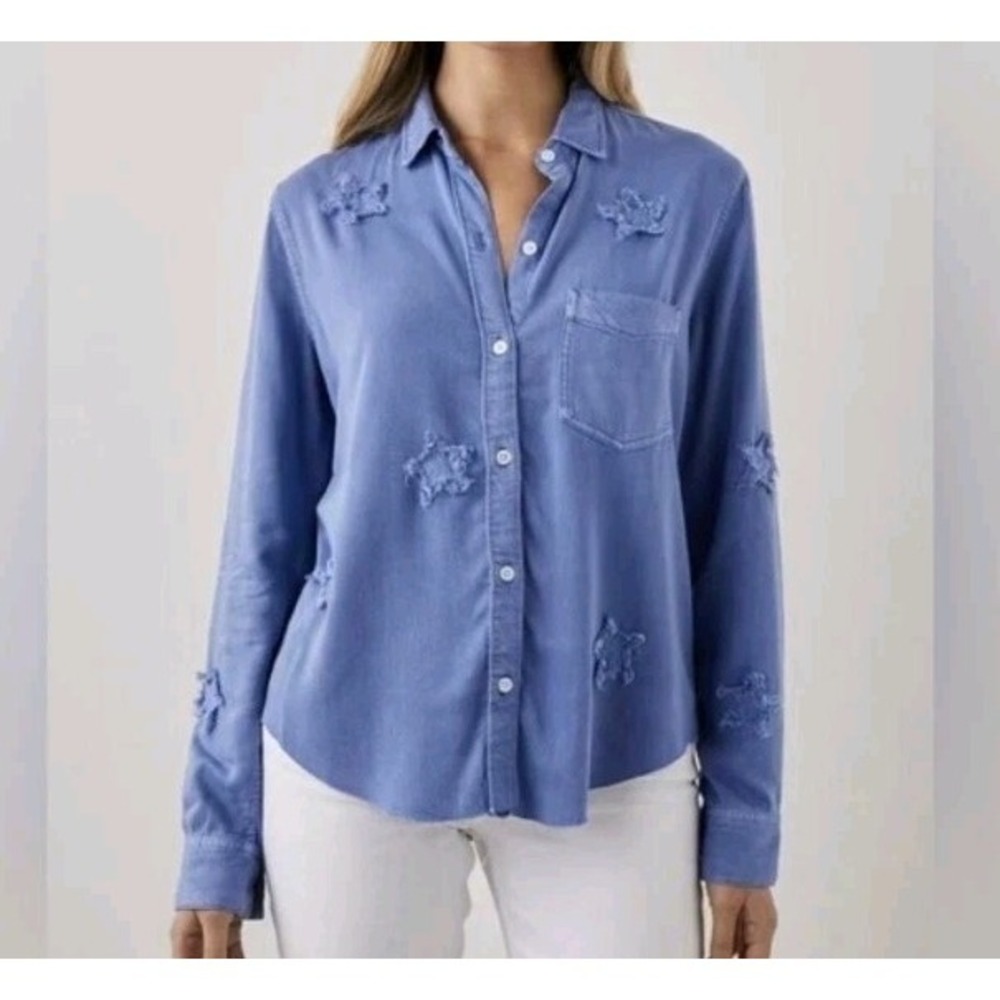 Rails Ingrid Raw Shirt French Military Stars Blue L Button-down Shirt Raw-hem